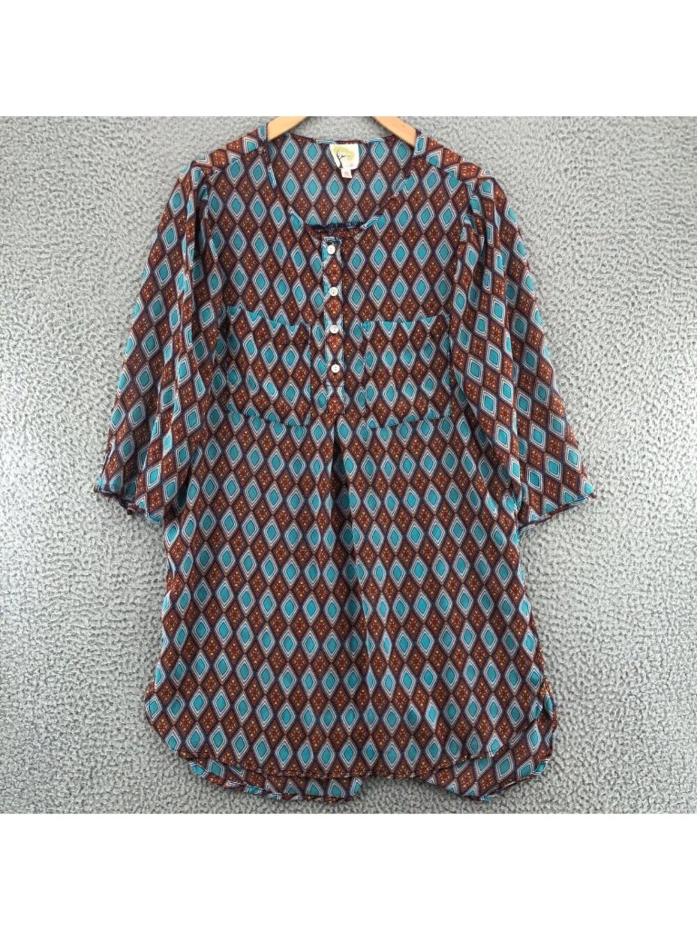 Fig & Flower Top Womens Medium Kendra Multi Geometric 1/4 Button Up 3/4 Sleeves*